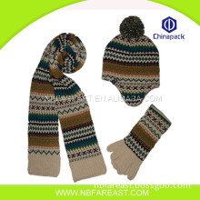 Winter warm useful nice design cheap knitted hat scarf glove set